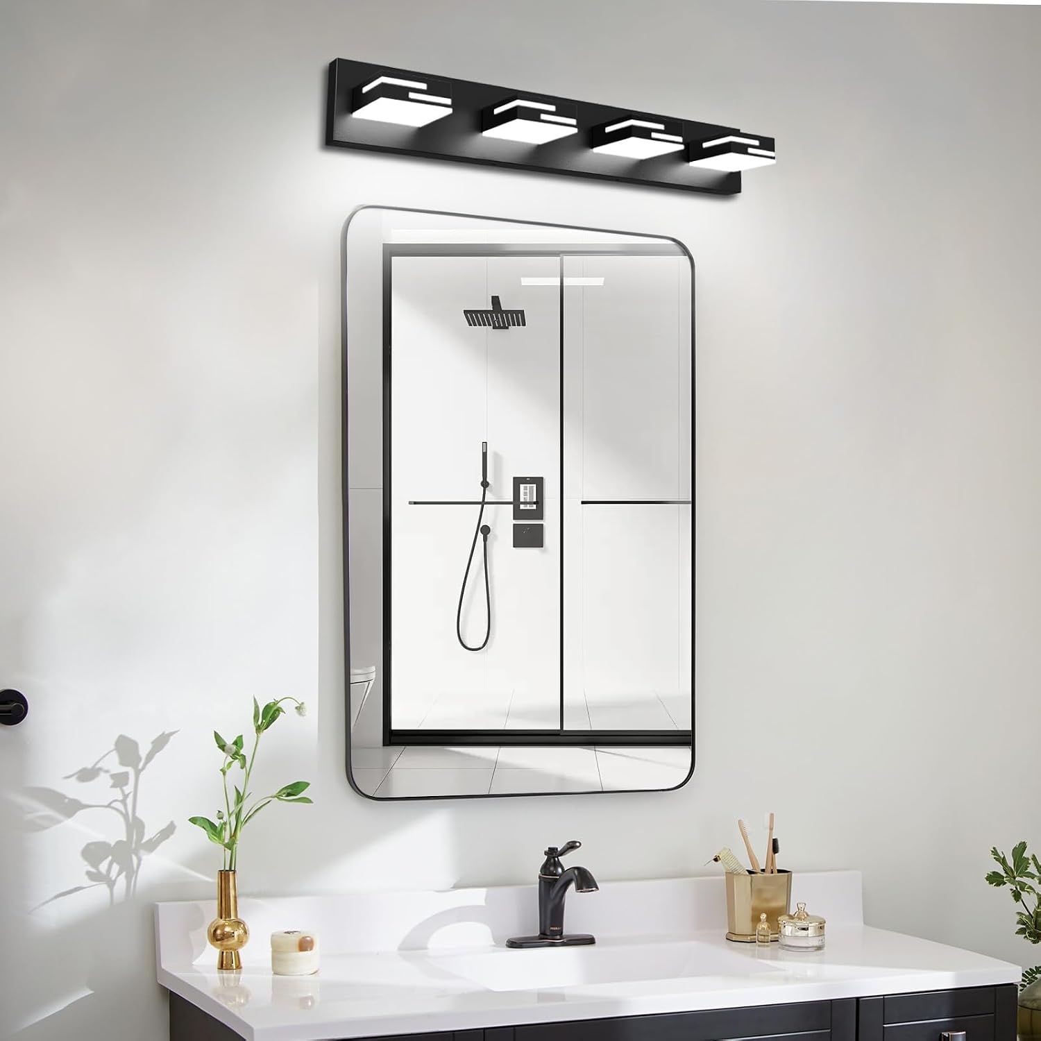LED Modern Bathroom Vanity Light Fixtures, Dimmable Matte Black Vanity Lights for Bathroom Lighting Fixtures Over Mirror, with 360° Rotatable Acrylic Heads 4-Light 30-inch (Cool White 6000K)